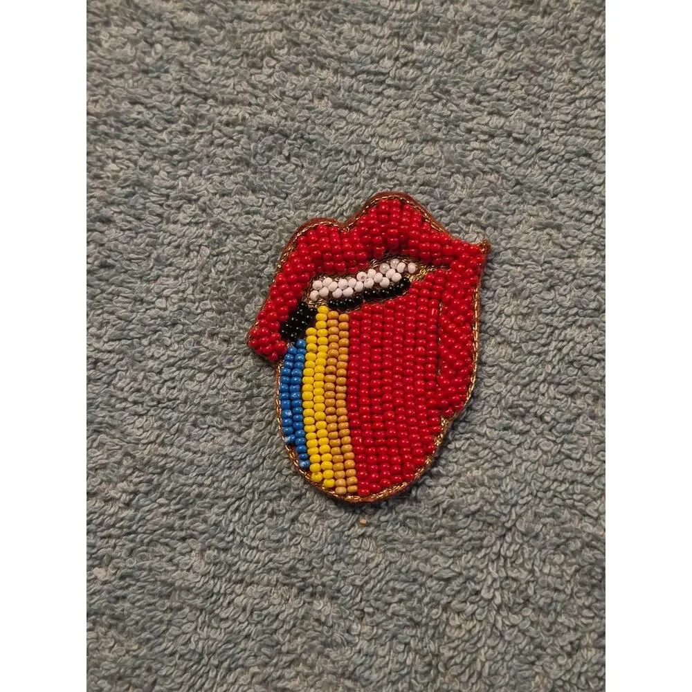 Rolling Stones Beaded Patch Handmade Tongue Lips Rock Band Embroidered Applique